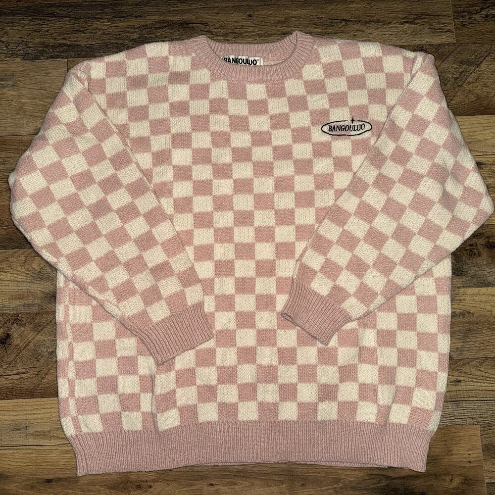 Bangouluo Checkered Knit Sweater Pink And White